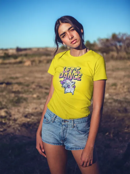 Yellow color T-shirt for girls with let's dance print